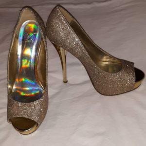 D Brand Metallic Glitter Bling Open‎ Toe Heels 7